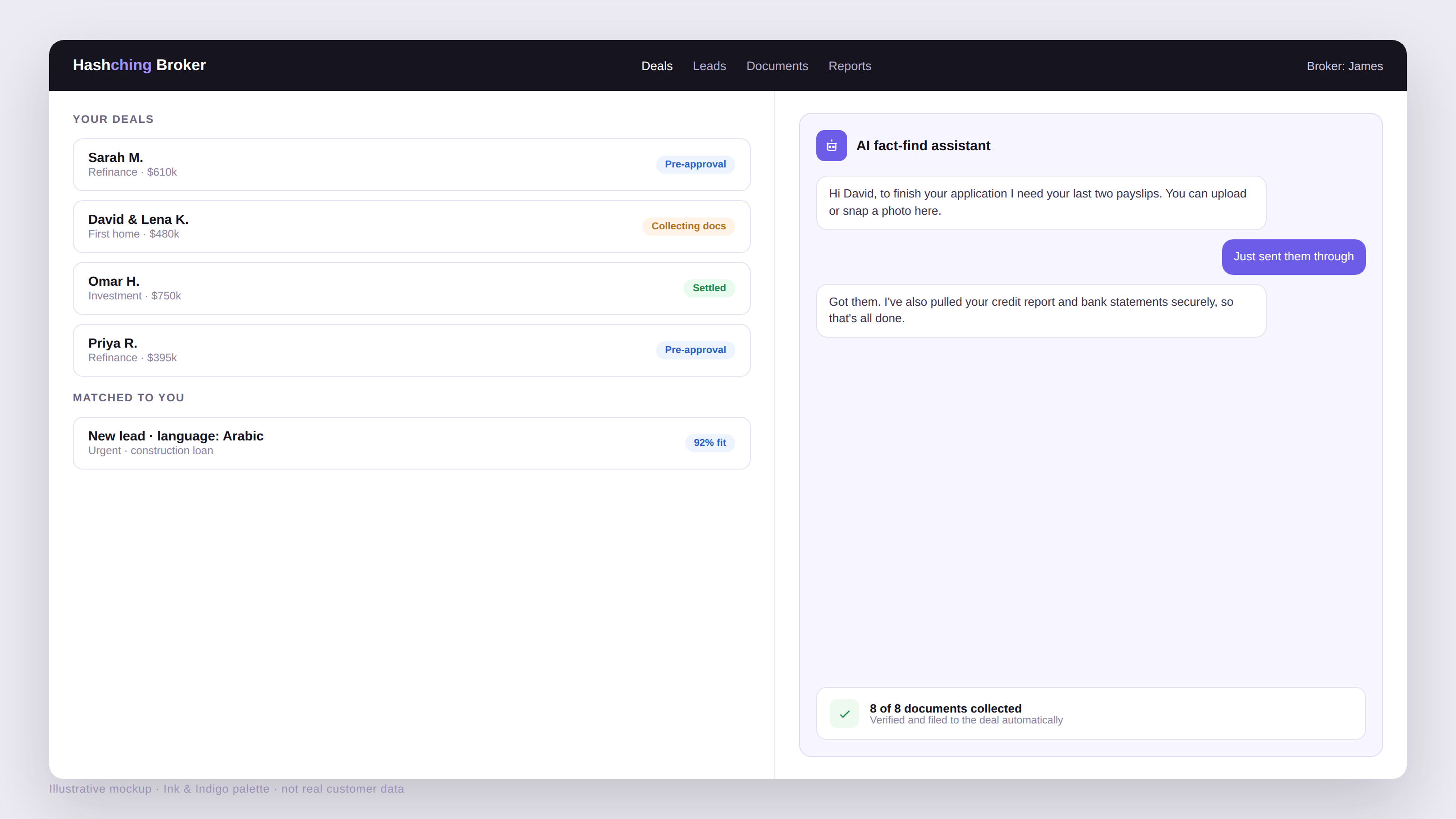 The broker workspace, with the AI fact-find and document assistant
