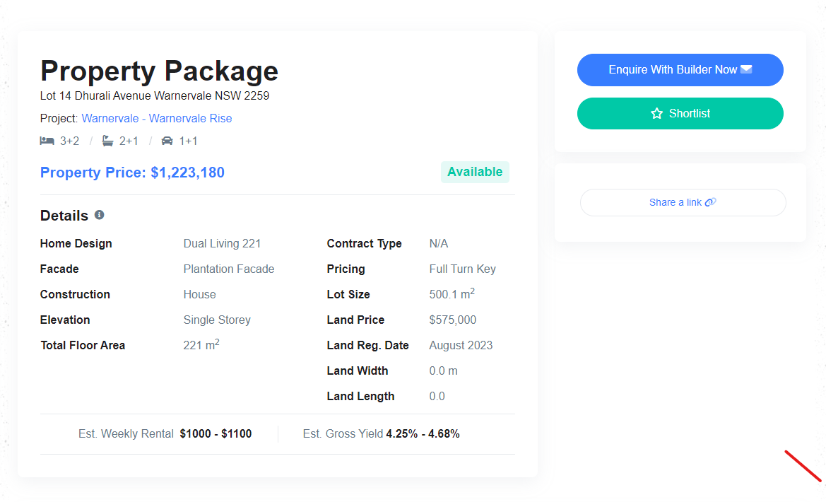 A property package, with pricing, yield, land and rental estimates
